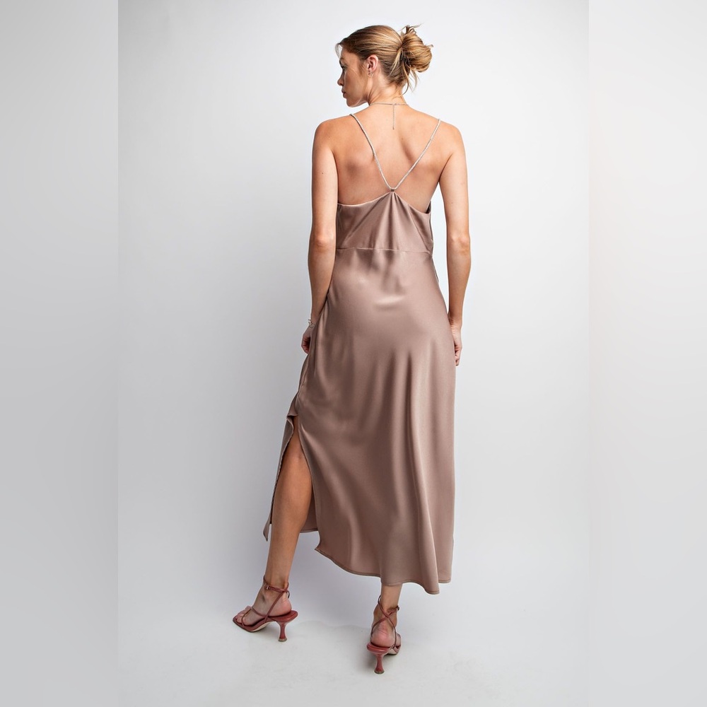 Easel | The Gilded Hour Satin Cowl Neck Midi Slip Dress Bridesmaid Tan New Small - Picture 7 of 11